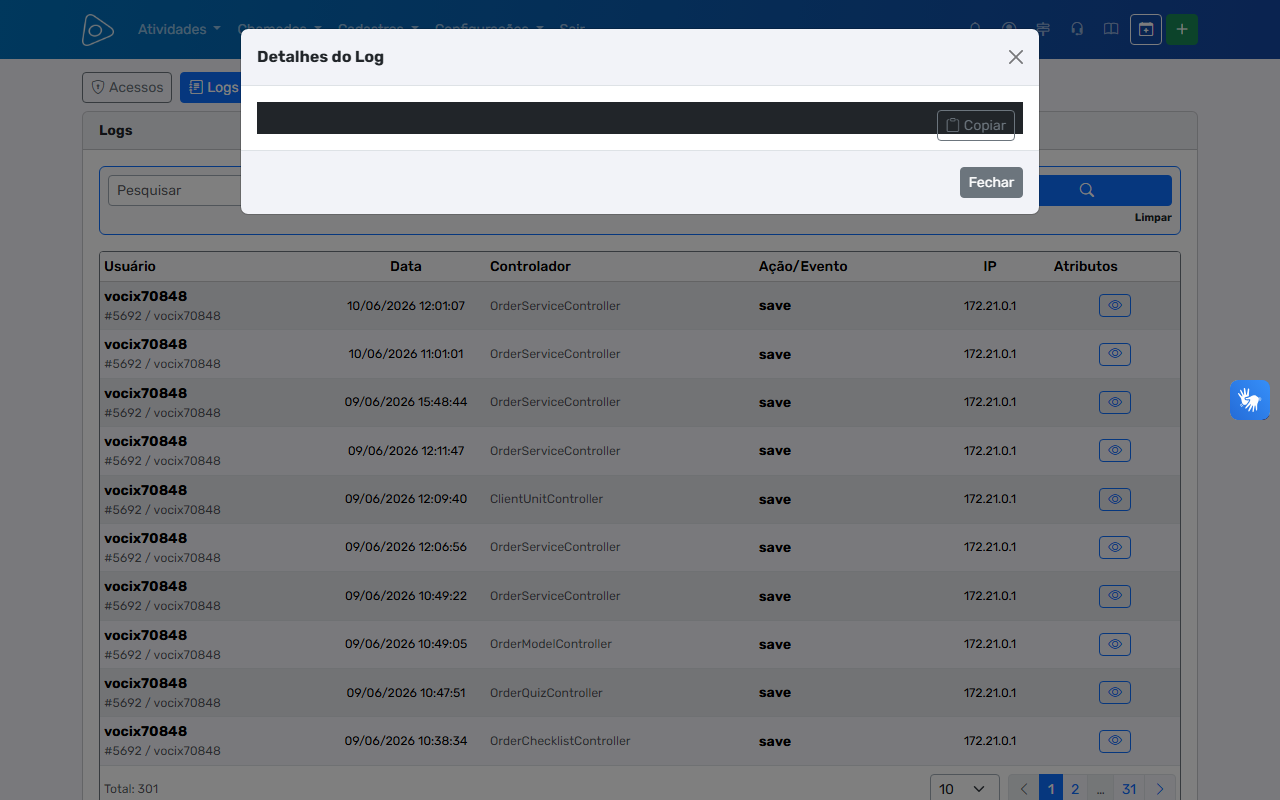 Log de Auditoria — Modal Detalhes