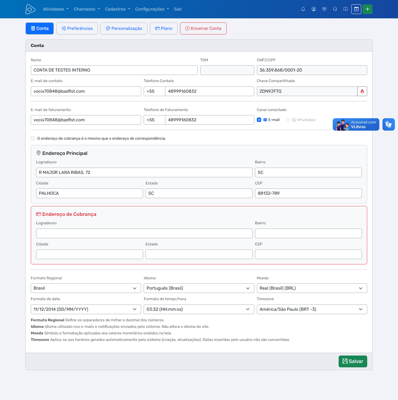 Conta da Empresa — Aba Conta