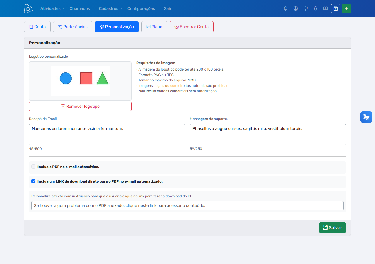 Conta da Empresa — Aba Personalização