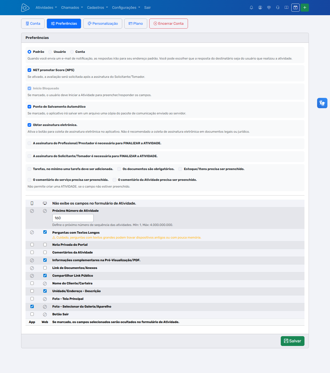 Conta da Empresa — Aba Preferências