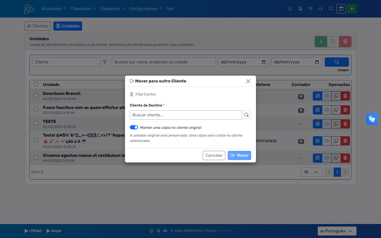 Unidades — Mover para outro Cliente