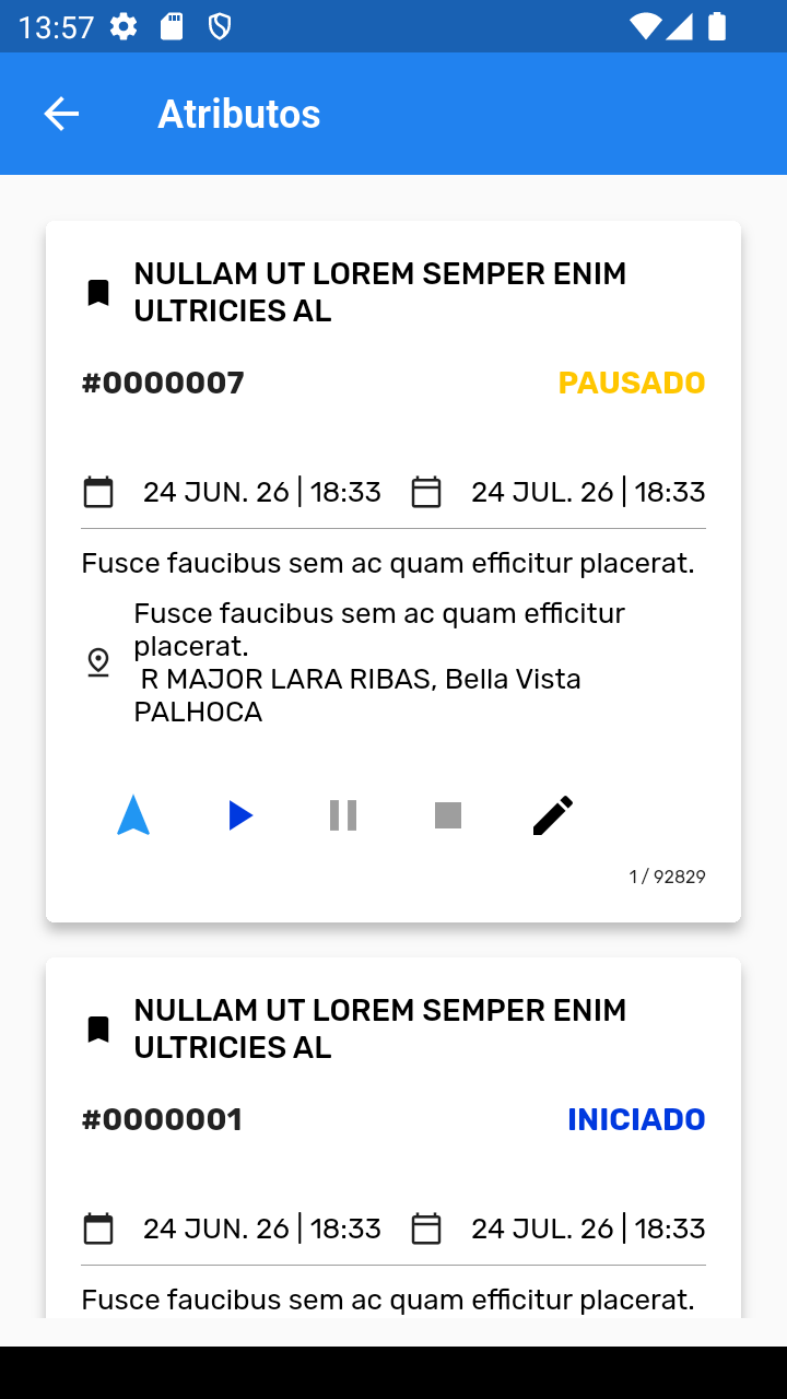 Tela de atributos do itinerário