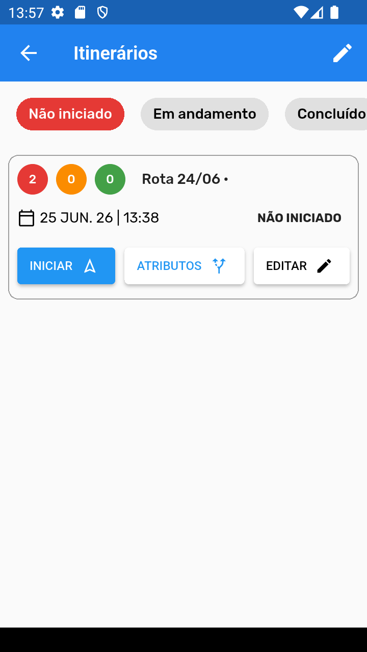 Lista de itinerários criados