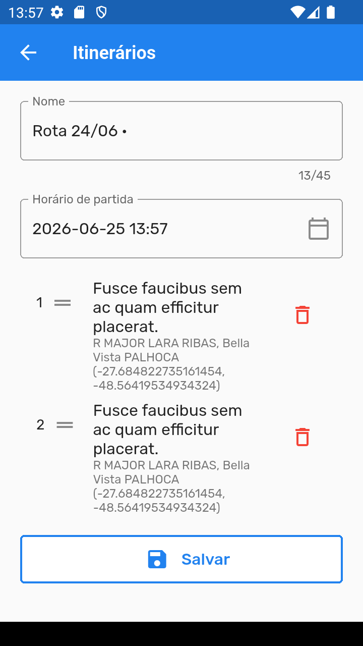 Tela de criação de nova rota