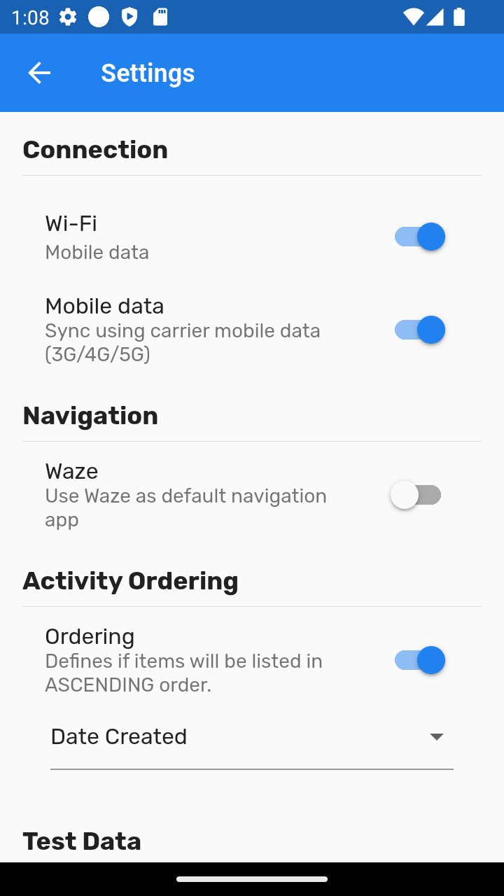 Tela de configurações — parte 1