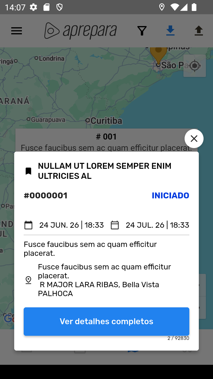 Card de detalhes da atividade no mapa